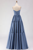 Steel Blue Off The Shoulder Satin A-Line Long Prom Dress with Removable Sleeves