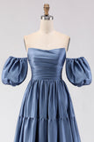 Steel Blue Off The Shoulder Satin A-Line Long Prom Dress with Removable Sleeves