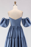 Steel Blue Off The Shoulder Satin A-Line Long Prom Dress with Removable Sleeves