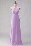 Halter A Line Lilac Cut Out Chiffon Long Bridesmaid Dress