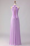Halter A Line Lilac Cut Out Chiffon Long Bridesmaid Dress