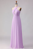 Halter A Line Lilac Cut Out Chiffon Long Bridesmaid Dress