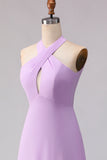 Halter A Line Lilac Cut Out Chiffon Long Bridesmaid Dress