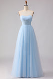 Blue Strapless Chiffon A Line Corset Long Bridesmaid Dress