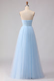 Blue Strapless Chiffon A Line Corset Long Bridesmaid Dress