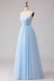 Blue Strapless Chiffon A Line Corset Long Bridesmaid Dress