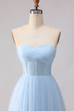 Blue Strapless Chiffon A Line Corset Long Bridesmaid Dress
