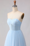 Blue Strapless Chiffon A Line Corset Long Bridesmaid Dress