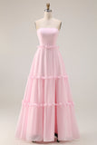 Blushing Pink Strapless A Line Chiffon Long Bridesmaid Dress with Slit