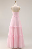 Blushing Pink Strapless A Line Chiffon Long Bridesmaid Dress with Slit