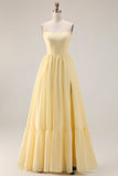 Strapless Chiffon A-Line Corset Lemon Sorbet Long Bridesmaid Dress with Slit