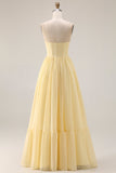 Strapless Chiffon A-Line Corset Lemon Sorbet Long Bridesmaid Dress with Slit
