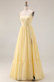 Strapless Chiffon A-Line Corset Lemon Sorbet Long Bridesmaid Dress with Slit