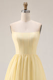 Strapless Chiffon A-Line Corset Lemon Sorbet Long Bridesmaid Dress with Slit