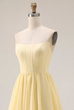 Strapless Chiffon A-Line Corset Lemon Sorbet Long Bridesmaid Dress with Slit