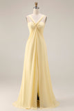 Lemon Sorbet A Line Chiffon Convertible Long Bridesmaid Dress with Slit