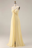 Lemon Sorbet A Line Chiffon Convertible Long Bridesmaid Dress with Slit