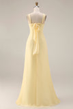 Lemon Sorbet A Line Chiffon Convertible Long Bridesmaid Dress with Slit