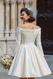 Off the Shoulder White A Line Short Wedding Dress with Long Sleeves