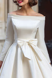 Off the Shoulder White A Line Short Wedding Dress with Long Sleeves