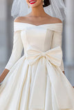 Ivory Corset Off the Shoulder Midi Wedding Dress with Detachable Bow