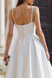 White A Line Spaghetti Straps Long Wedding Dress with Detachable Bow