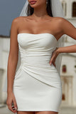 White Bodycon Strapless Ruched Short Wedding Dress