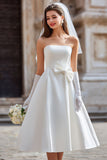 White Strapless A Line Midi Wedding Dress with Bow (without Gloves)