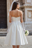 White Strapless A Line Midi Wedding Dress with Bow (without Gloves)