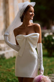 Strapless White Bodycon Short Wedding Dress with Bow（without Gloves）