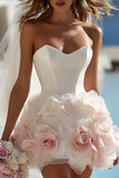 Ivory Satin Sweetheart Bodycon Short Wedding Dress with 3D Flowers