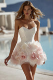 Ivory Satin Sweetheart Bodycon Short Wedding Dress with 3D Flowers