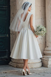 White A Line Sleeveless Round Neck Midi Wedding Dress