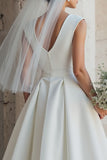 White A Line Sleeveless Round Neck Midi Wedding Dress