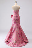 Fuchsia Mermaid Bow Strapless Jacquard Long Prom Dress with Slit