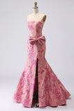 Fuchsia Mermaid Bow Strapless Jacquard Long Prom Dress with Slit