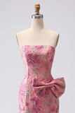 Fuchsia Mermaid Bow Strapless Jacquard Long Prom Dress with Slit
