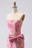 Fuchsia Mermaid Bow Strapless Jacquard Long Prom Dress with Slit