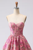 Fuchsia Jacquard A Line Corset Strapless Long Prom Dress