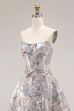 Silver Jacquard Strapless A Line Corset Long Prom Dress with Slit