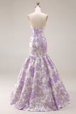Strapless Mermaid Lilac Jacquard Satin Brocade Long Floral Prom Dress