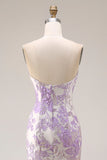 Strapless Mermaid Lilac Jacquard Satin Brocade Long Floral Prom Dress