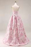 Pink Floral Strapless Corset Jacquard Brocade A-Line Long Prom Dress with Slit