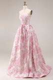 Pink Floral Strapless Corset Jacquard Brocade A-Line Long Prom Dress with Slit