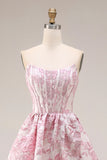 Pink Floral Strapless Corset Jacquard Brocade A-Line Long Prom Dress with Slit