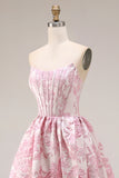 Pink Floral Strapless Corset Jacquard Brocade A-Line Long Prom Dress with Slit