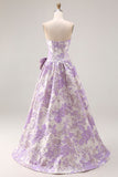 Strapless Lilac A-Line Jacquard Brocade Long Prom Dress with Bow