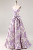 Strapless Lilac A-Line Jacquard Brocade Long Prom Dress with Bow