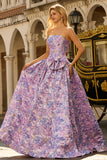 Strapless Lilac A-Line Ruched Jacquard Satin Brocade Long Prom Dress with Bow
