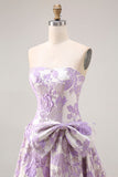 Strapless Lilac A-Line Jacquard Brocade Long Prom Dress with Bow
